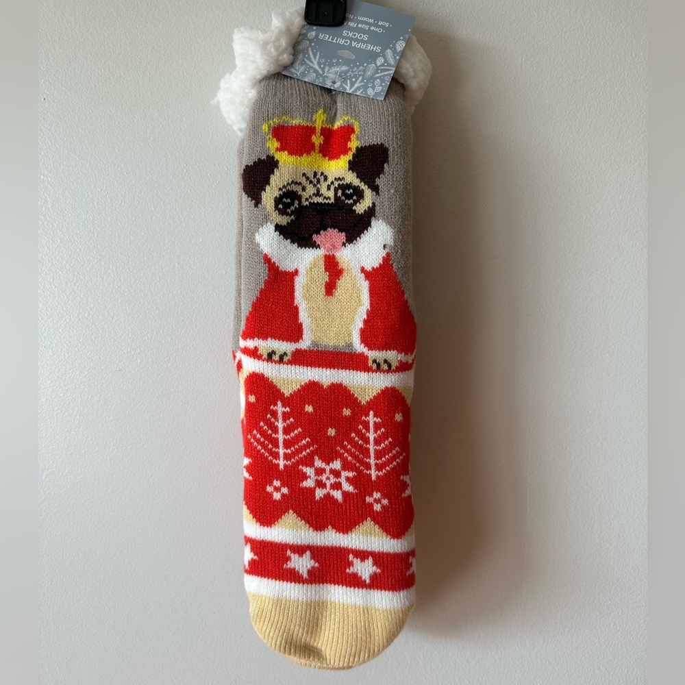 NWT Pug Christmas Socks with Crown. Sherpa Critter Socks